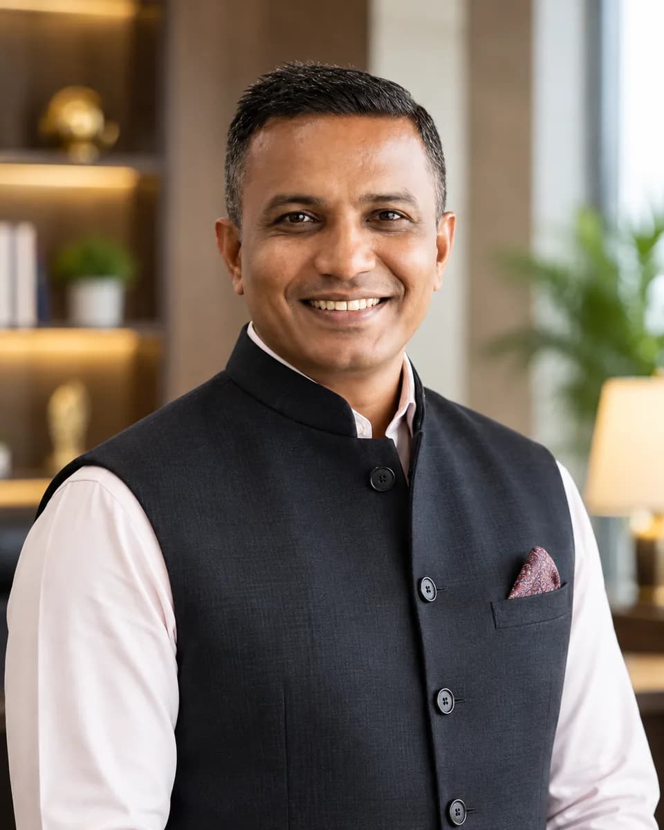 Satya Mehta, smiling, in a black bandhgala waistcoat over a white shirt